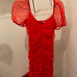 Red puff dress with puff sleeves